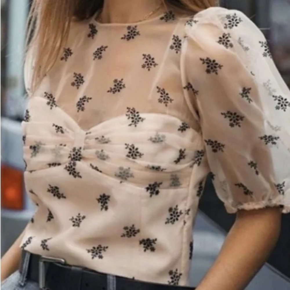 Zara floral Elegant Sheer Floral Top - Cream pink puff sleeve xsmall